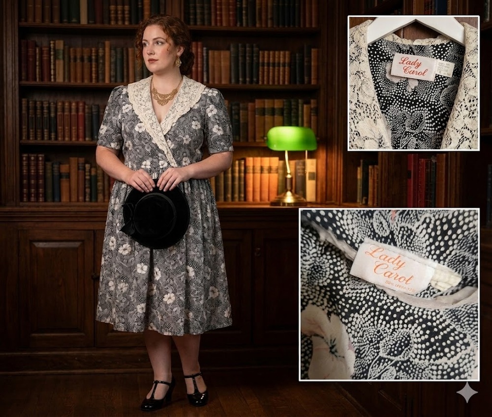 Vintage Lady Carol Size XL plus Womens floral dress lace collar cottagecore